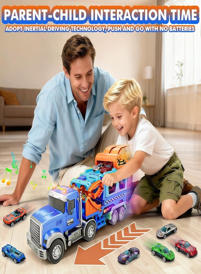 ShyLizard Truck Car Toys for 3, 4, 5, 6, 7, 8 Years Old Kids, Carrier Truck Race Track Toys, Foldable Transport Car Toys with Foldable Race Tracks and 6 Metal Cars, Birthday Gifts for Toddler Boys Girls (Blue) - Image 3